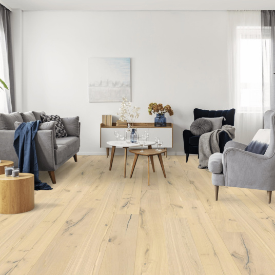 Lame Parquet contrecollé huilé Click à plat - Chêne Blanchi - Ambiance salon