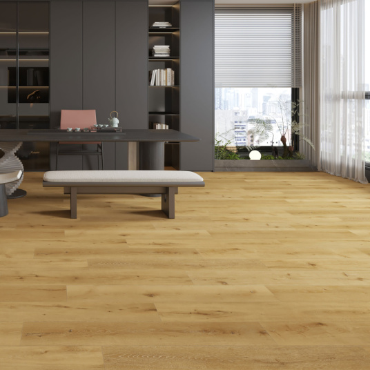 Sol parquet vinyle rigide ultime clipsable XXL Old Brown posé dans un grand espace de vie moderne