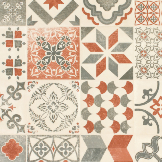 Zoom sur le sol PVC Lino imitation carreaux de ciment rouge brique, motifs géométriques vintage