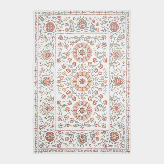 Tapis souple Minia Pêche en tissu chenille recyclé, design floral revisité sur fond clair