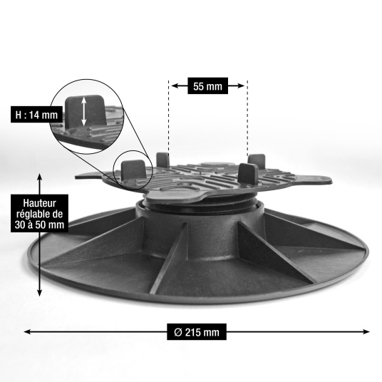Plot terrasse - Lambourde larg. max. 55 mm - Hauteur réglable de 3 à 5 cm - Schéma du plot