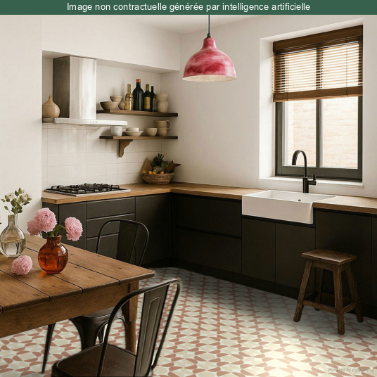 Sol vinyle effet carreaux géométriques dans une cuisine esprit brocante chic