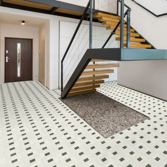 Sol vinyle textile économique dalles de sol avec cabochon noir et gris - entrée couloir