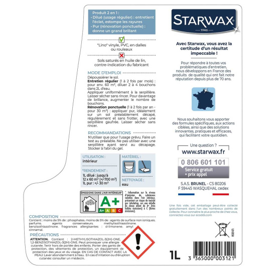 Bidon entretien brillant sol pvc 2 en 1 Starwax - étiquette