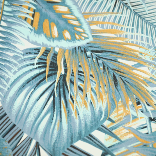 Papier peint vinyle sur intissé - Néo Jungle - Feuilles exotiques bleues - gros plan