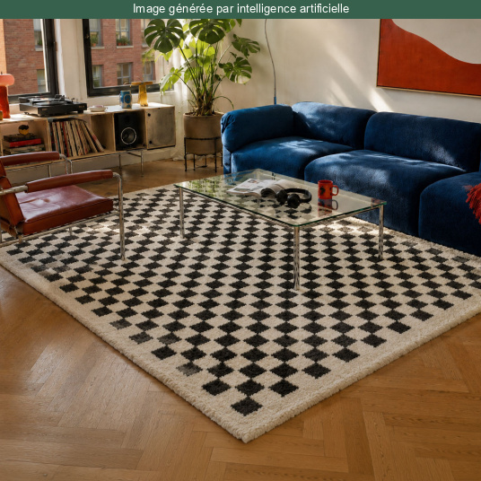 Tapis damier à poils longs Colorama - Noir et blanc dans un salon au style rétro et contemporain