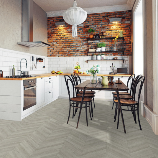 Sol vinyle Inspiration parquet en chevron chêne gris - cuisine