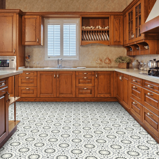 Sol Vinyle Style - Carreaux de ciment motif mosaïque noir - cuisine