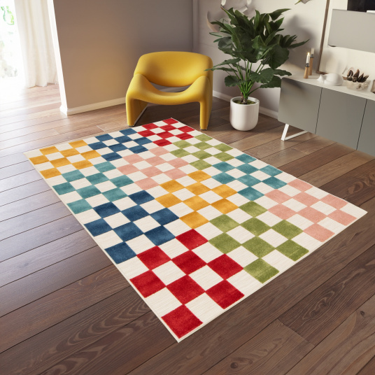 Tapis extérieur et intérieur motif damier - Petit Marius - Multicolore - salon