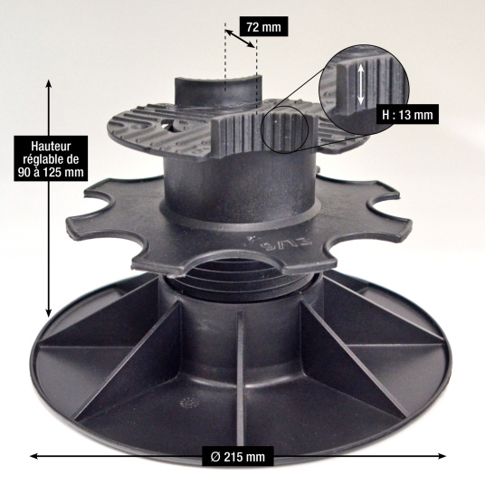 Plot terrasse - Lambourde larg. max. 72 mm - Hauteur réglable de 9 à 12,5 cm - Schéma du plot