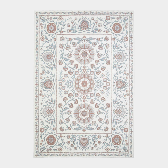 Tapis Minia Brume en tissu chenille recyclé aux nuances bleu gris et terracotta