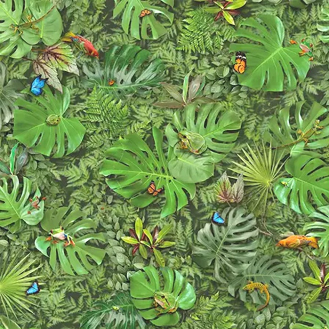 Sol Vinyle Textile Relief 3D imprimé Faune et flore tropicale avec feuilles exotiques et animaux en très haute définition