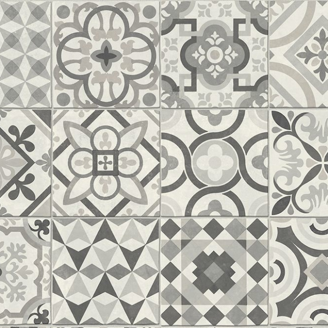 Sol Vinyle Textile Relief 3D Carreaux de ciment Élise Monochrome, motifs variés gris et blanc en patchwork