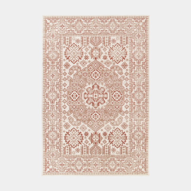 Tapis à motif oriental en tissus chenille recyclé - Janah - Crème et rouge brique