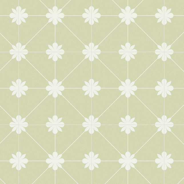 Zoom sur le décor rétro lumineux des carreaux du sol vinyle Lexington Bloom jaune