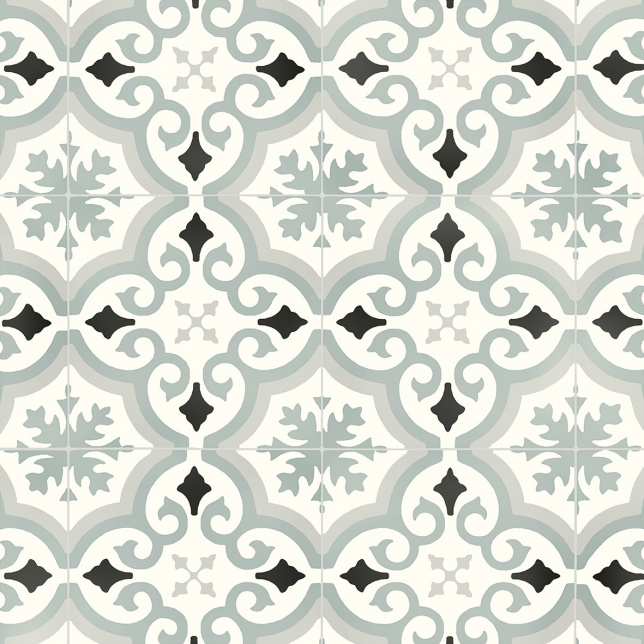 Sol Vinyle Textile Rénove acoustique - Effet carreaux de ciment arabesque gris bleuté