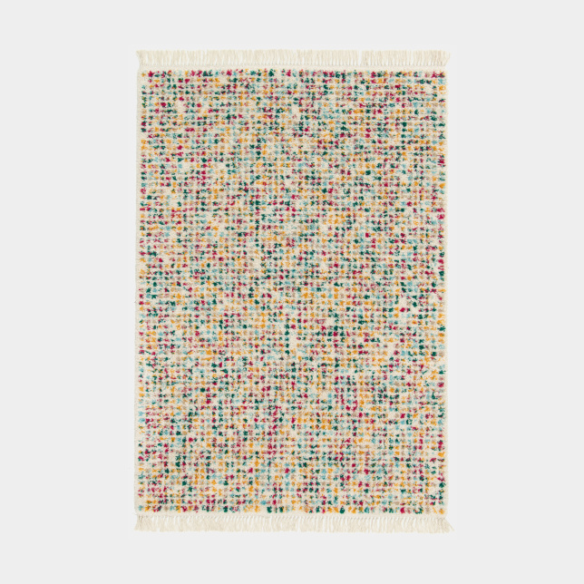 Tapis aux  teintes vives jaune, bleu, vert et framboise, motif berbère à franges Tribus du désert Multicolor