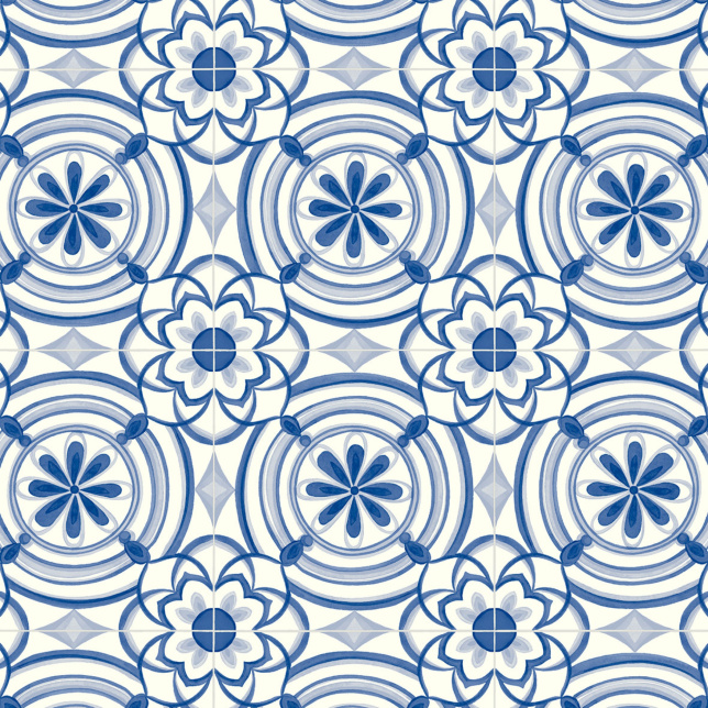 Sol Vinyle Textile Rénove - Effet carreaux de ciment Andalousie - Bleu, motif géométrique floral inspiré des azulejos