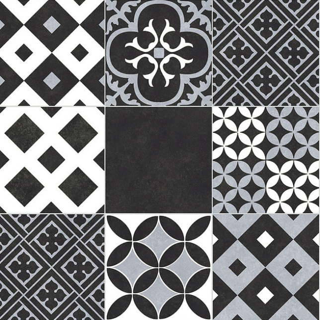 Détail de la surface brillante du revêtement Link Plus - Carreaux de ciment noir et blanc