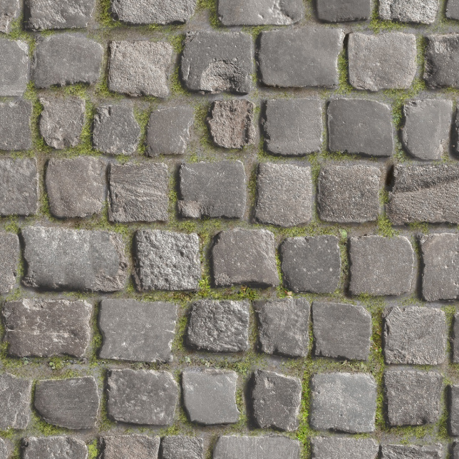 Sol Vinyle Textile - Relief 3D - Imprimé motif pavés anciens de ville quadrillés avec joints légèrement mousseux, rendu haute définition