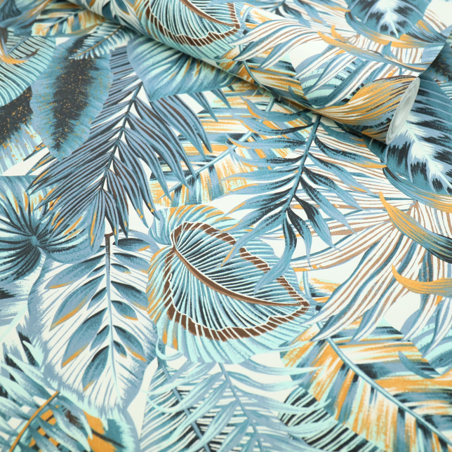 Papier peint vinyle sur intissé - Néo Jungle - Feuilles exotiques bleues