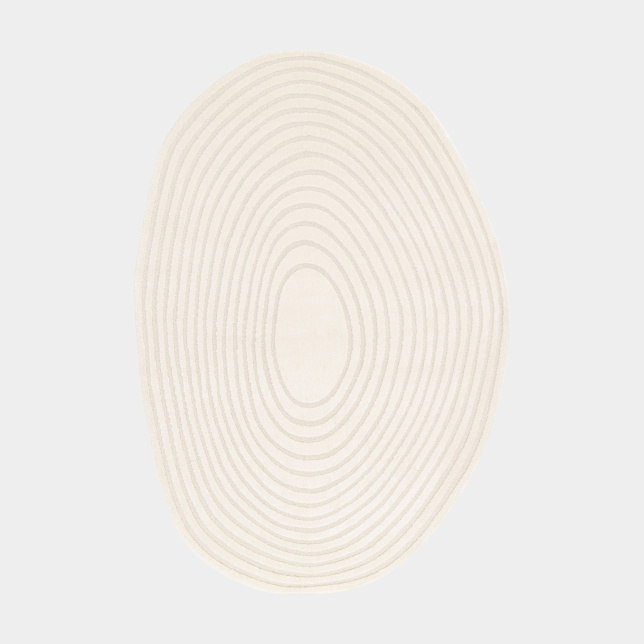 Tapis de forme ovale organique en relief Circle Cercle crème, design moderne et lignes concentriques