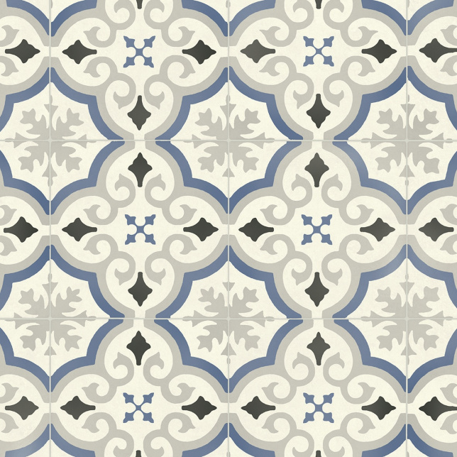 Sol Vinyle Textile Rénove - Effet carreaux de ciment arabesques bleu et gris