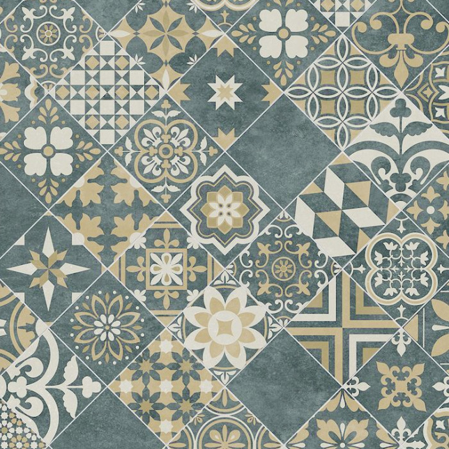 Sol Vinyle Textile Relief 3D – Carreaux de ciment floraux bleu foncé et ocre en très haute définition