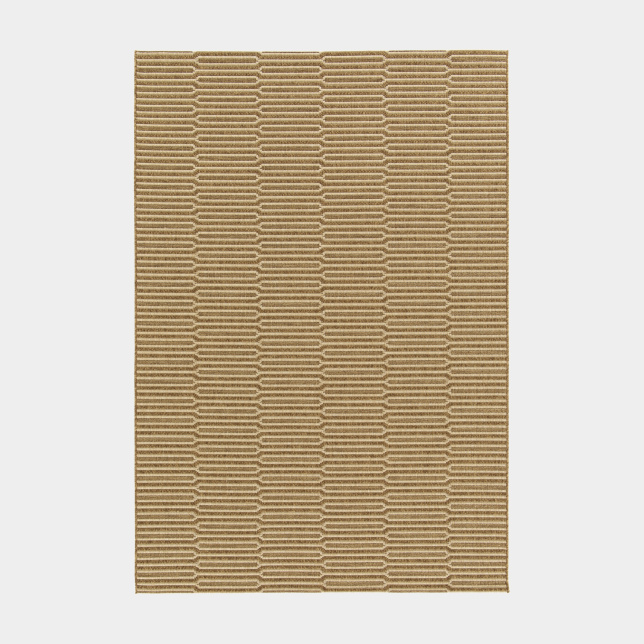 Tapis Salon Terrasse Capsule, formes graphiques cuivrées sur fond beige