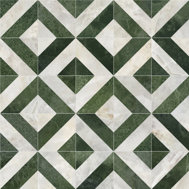 Zoom sur le design géométrique du sol PVC éco-conçu losanges de marbre verts et blancs