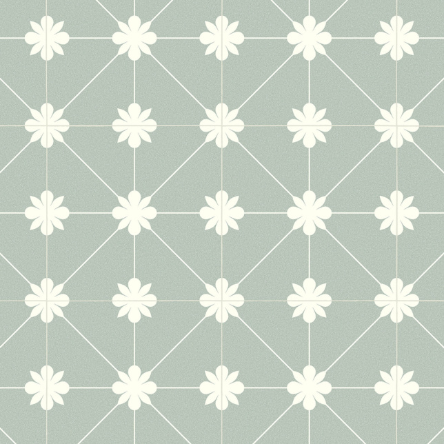 Design végétal apaisant du sol vinyle Lexington Bloom - Vert sauge aspect carreau de ciment