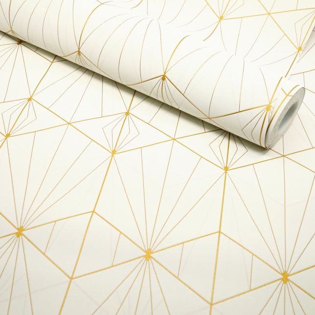 Papier peint vinyle sur intissé - Art déco - Crème motif géométrique or