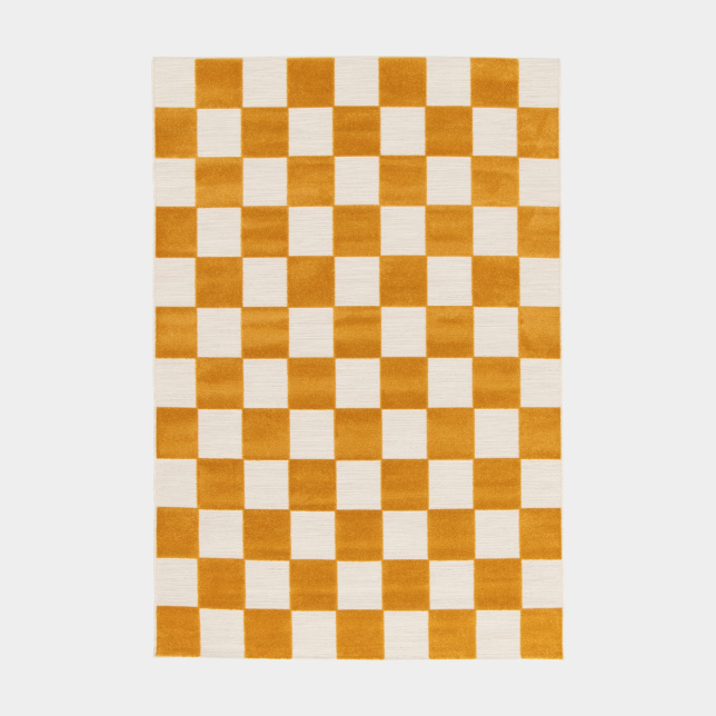 Tapis motif damier Marius jaune moutarde et écru, style graphique moderne