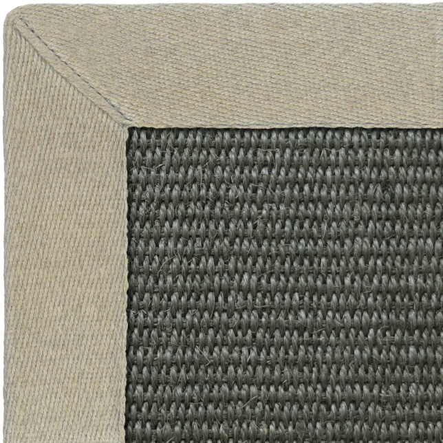 Zoom angle tapis Sisal Quintana anthracite avec ganse en lin naturel