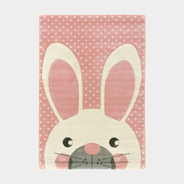 Tapis enfant fille - Lapin blanc - Rose pastel à pois