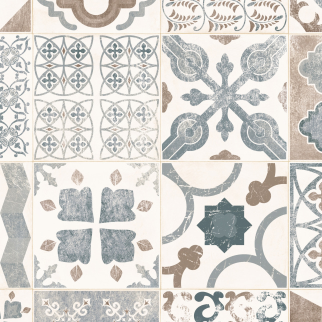 Gros plan sur les dessins géométriques du sol Lino - Carreaux de ciment - Naturel