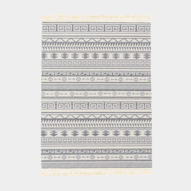 Tapis en coton blanc à franges - Aztèque - Motifs gris