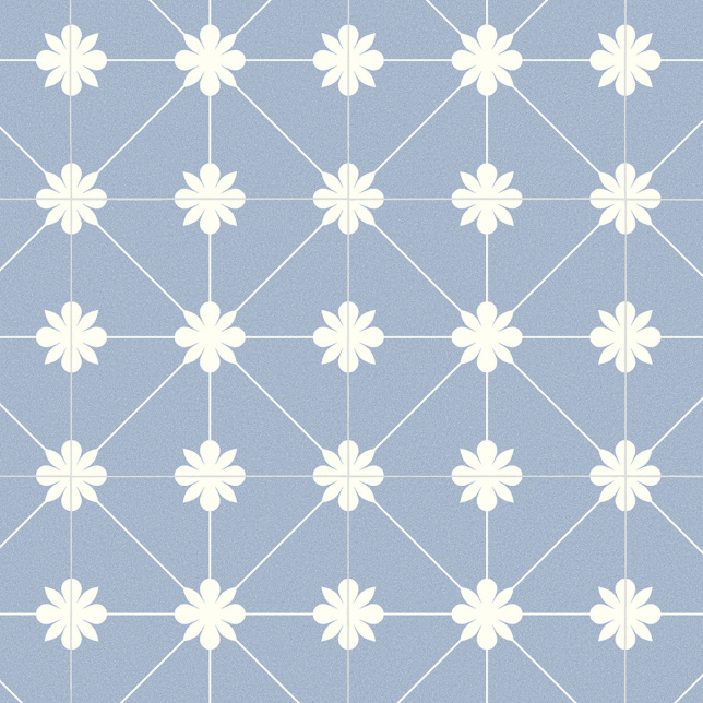 Carreau au motif géométrique à fleurs blanches sur fond bleu ciel – Sol Vinyle Élite Lexington Bloom bleu azur envers textile