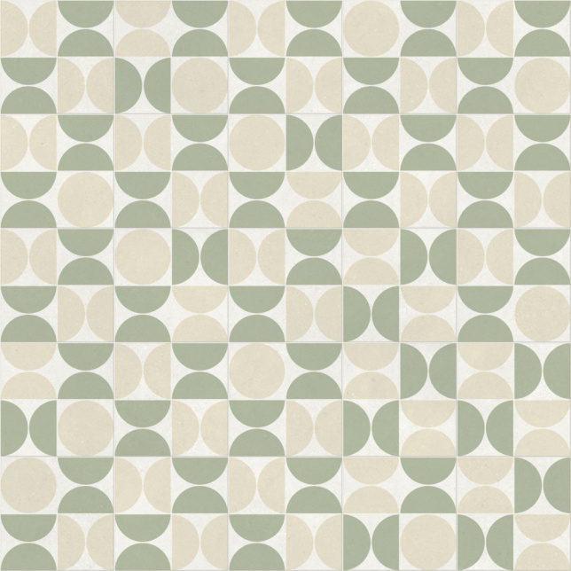 Gros plan sur le dessin du tapis sur mesure Vinyle Atelier Bauhaus vert, esprit vintage