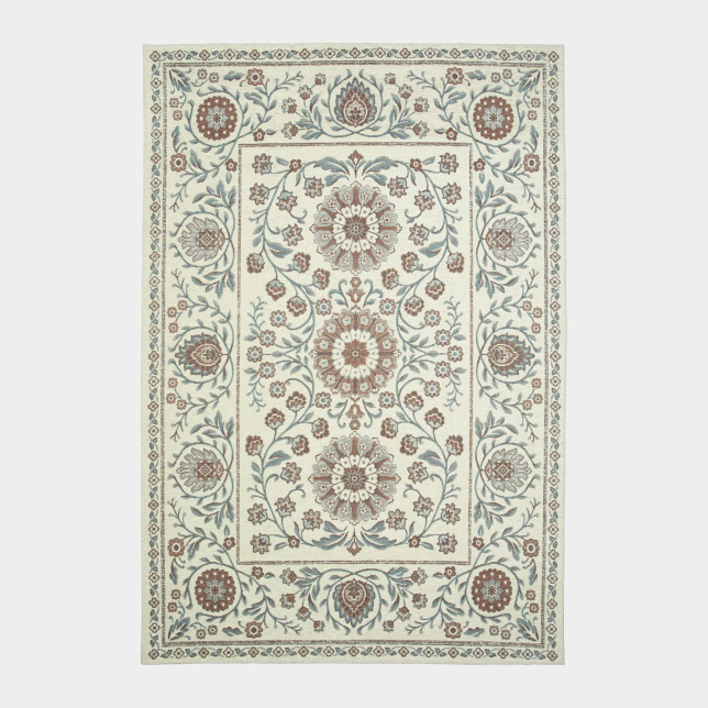 Tapis Minia Brume en tissu chenille recyclé aux nuances bleu gris et terracotta