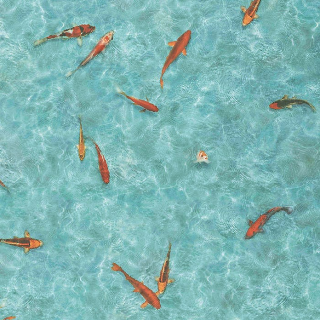 Sol Vinyle Textile – Relief 3D – Imprimé poisson Koï japonais, décor ultra réaliste de poissons nageant dans une eau turquoise