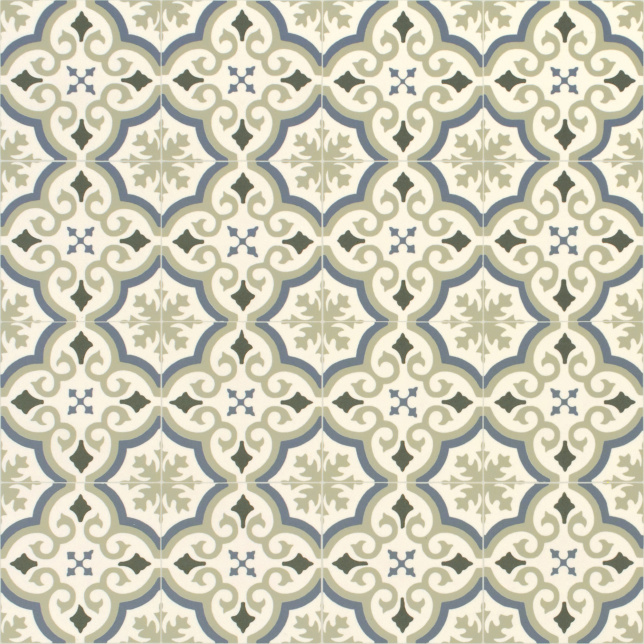 Tapis sur mesure Vinyle Effet carreaux de ciment - Arabesques vert et bleu