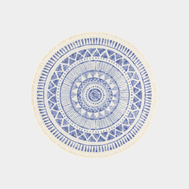 Tapis rond en coton blanc à franges - Aztèque - Motifs bleu