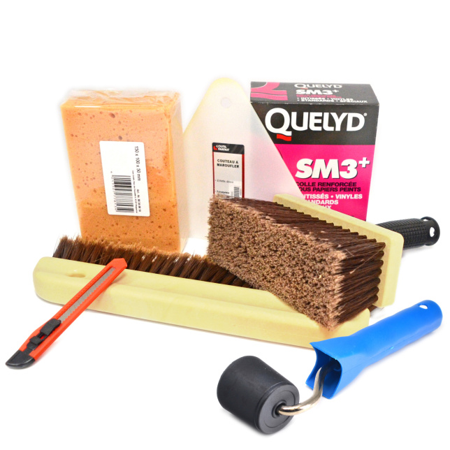 Kit de pose pour papier peint avec colle Quelyd SM3+, éponge synthétique et outils