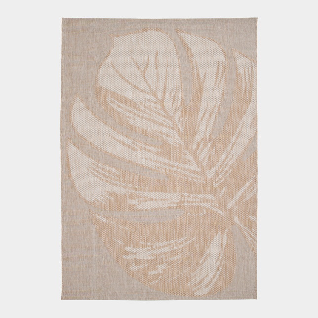Tapis aspect naturel Palme sauvage beige pour terrasse ou salon, motif végétal élégant en tissage contrasté