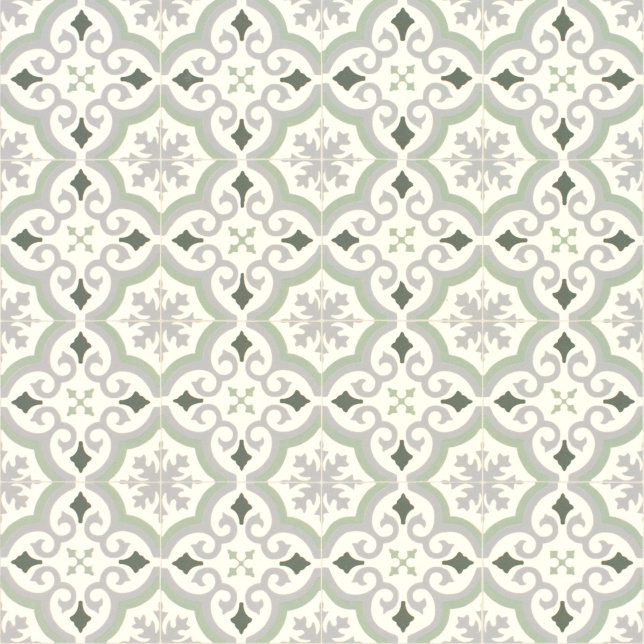 Sol vinyle textile économique effet carreaux de ciment arabesques vert et gris