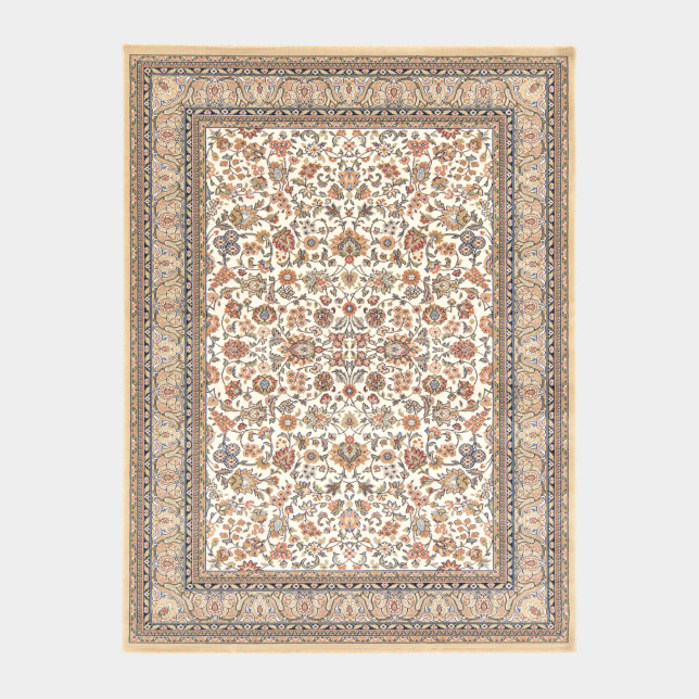 Tapis traditionnel floral Mamie in love corail doux avec motif fleurs anciennes et bordure décorée