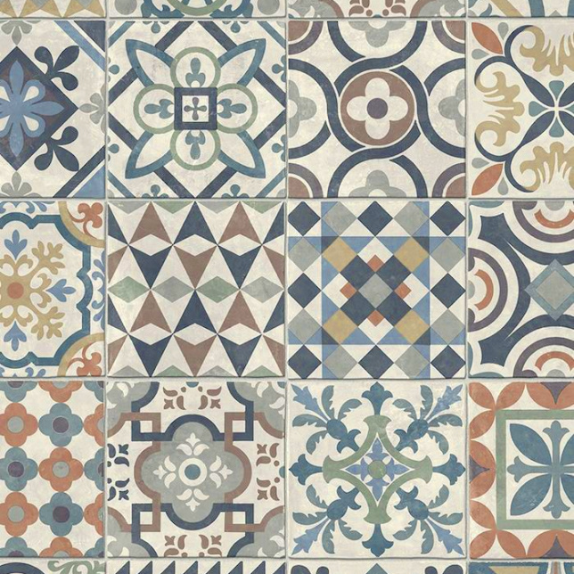 Sol Vinyle Textile Relief 3D – Carreaux de ciment Élise multicolore, mosaïque de motifs anciens