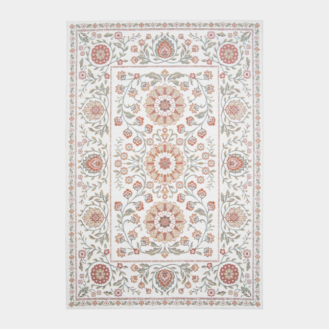 Tapis souple Minia Pêche en tissu chenille recyclé, design floral revisité sur fond clair