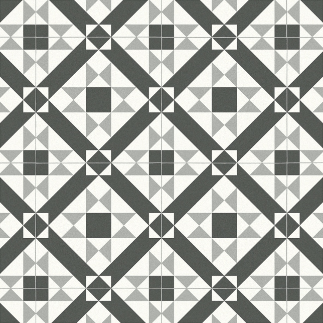 Vue détaillée du dessin du tapis vinyle sur mesure noir et blanc style carreaux graphiques